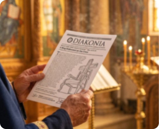 Hands holding the Diakonia newsletter inside an Orthodox church